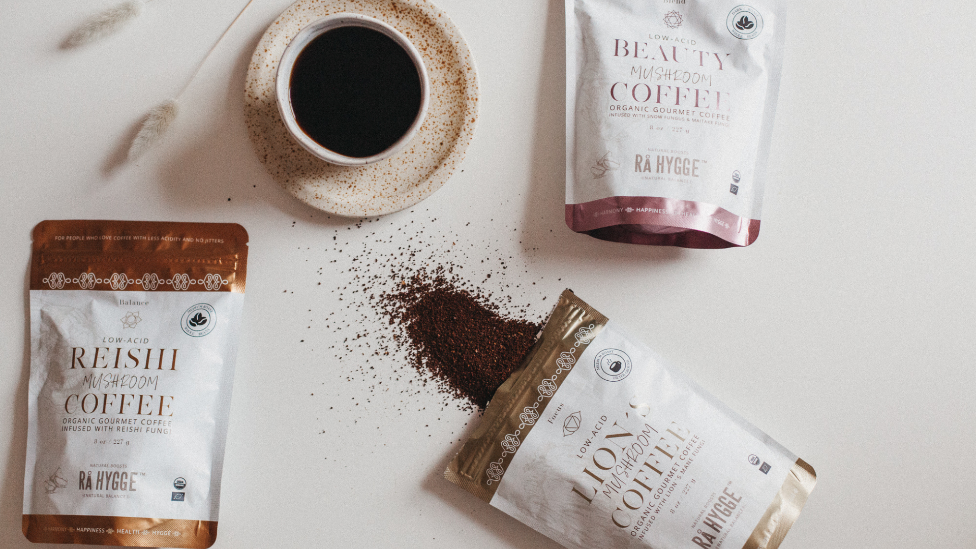 Rå Hygge mushroom coffee selection includes Lion's Mane, Reishi and Tremella and Maitake coffees.